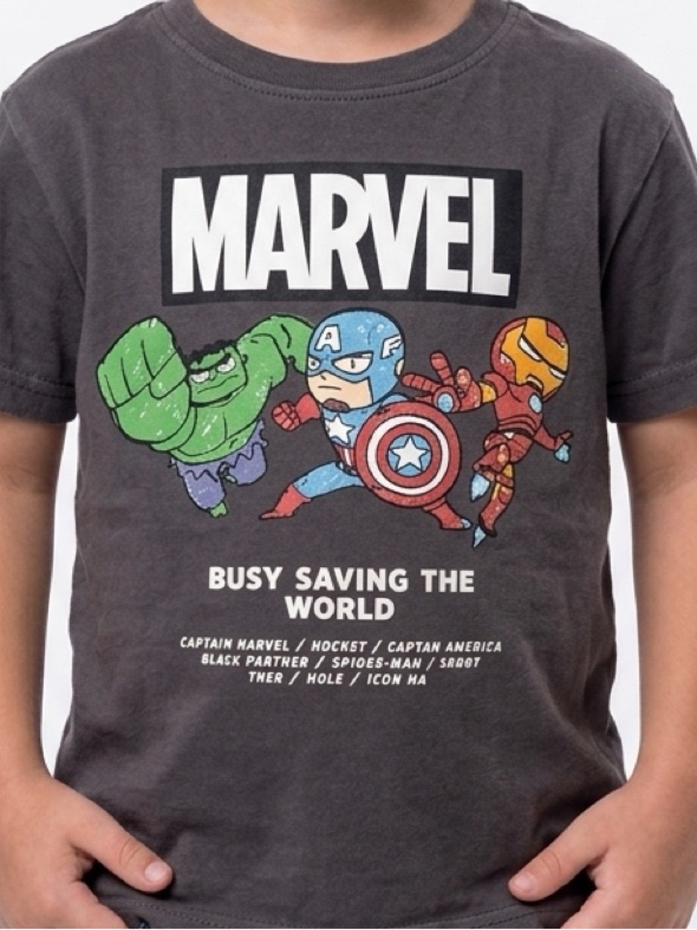 H&M unisex Marvel Kids Graphic Tee Dark Grey with Avengers Characters in cartoon
